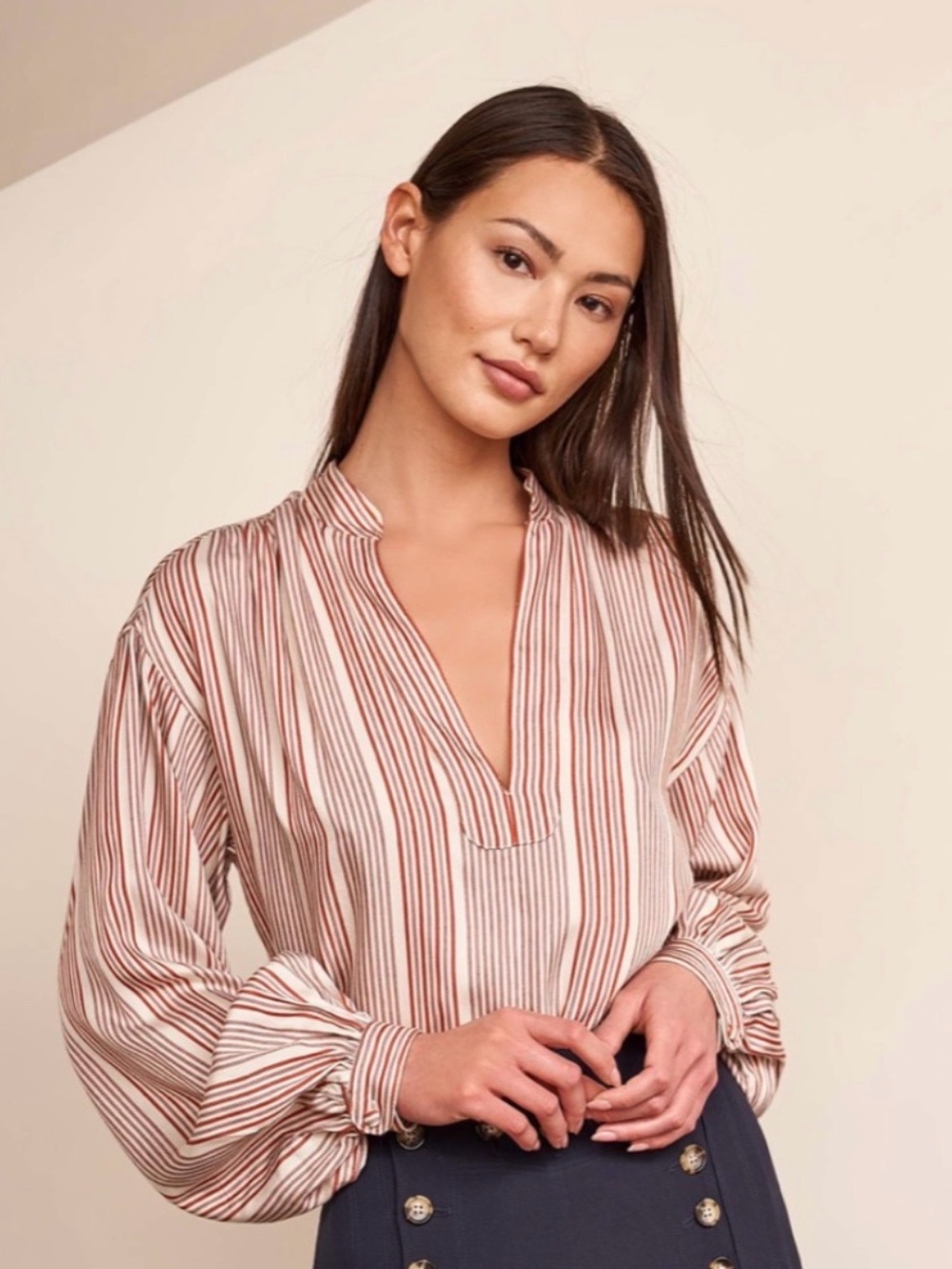 La Ligne Rust and Tan Striped V-Neck Blouse